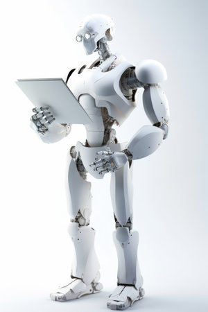 Human white robot holding white paper. White anthropomorphic robot isolated on white backgroundの素材