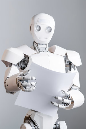 Human white robot holding white paper. White anthropomorphic robot isolated on white backgroundの素材