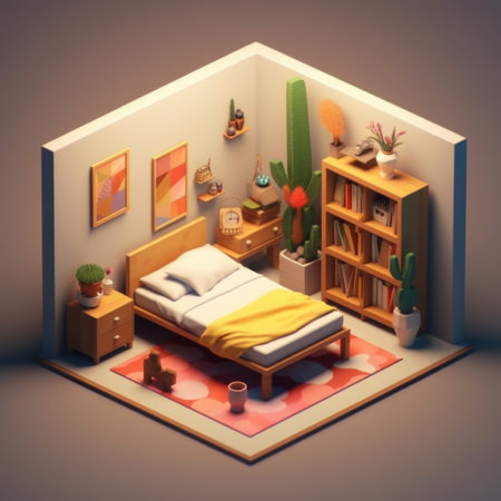 Isometric 3d bedroom interior in light and green tones. Ai generatedの素材