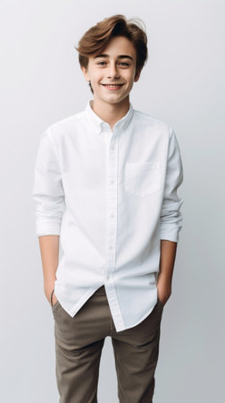 AI generated. shirt mockup. Cute smiling teenager 10 years boy in a white shirt on a clean backgroundの素材