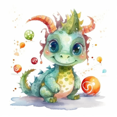 AI generated. watercolor cartoon dragon with big eyes isolated on white backgroundの素材