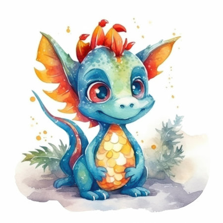 AI generated. watercolor cartoon dragon with big eyes isolated on white backgroundの素材