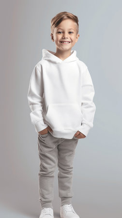 AI generated.hoodies mockup. Cute smiling 10 years boy in a white hoodies on a clean background. Teenager in hoodiesの素材