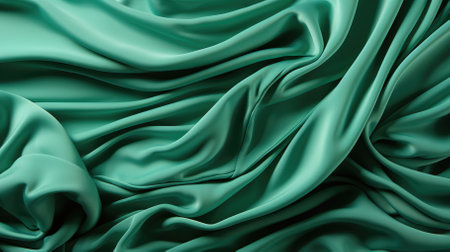 Green satin background. Textile with folds. Tender cosmetics and interior wallpaperの素材