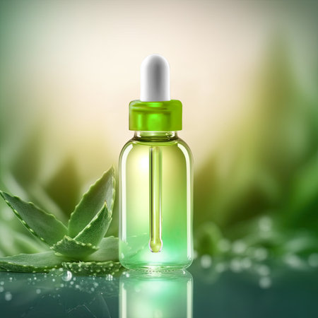 Graceful luxury cosmetic aloe vera extract face serum ad template.Face skin oil with aloe vera extract. Realistic face moisture serum transparent bottle mock up with pipettes dispenser and liquid inside.High quality illustration.の素材