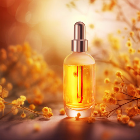 Graceful luxury cosmetic immortelle extract face serum ad template.Face skin oil with immortelle extract. Realistic face moisture serum transparent bottle mock up with pipettes dispenser and liquid inside.の素材