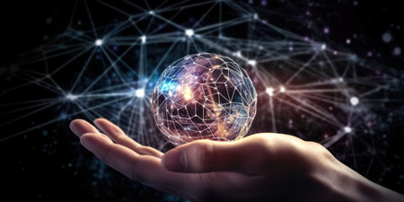 Male hands holding glowing blue polygonal futuristic meta verse.Business global Networkの素材