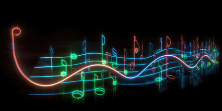 musical notes from neon lines. Ai generated.Music festival, radio show, musical evening, karaoke, audio record.Music notes abstractの素材
