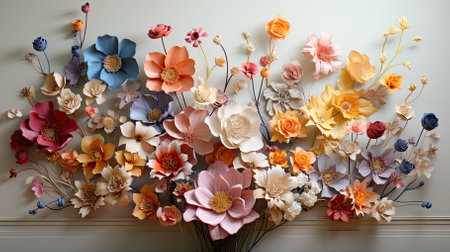 Compositions and multi-colored paper flowers. Wallpaper of a room for a girl. Wallpaper for a beauty salon. Abstract interior background.の素材