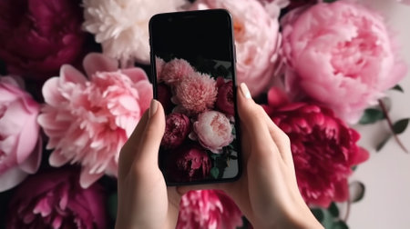 Ai generated. A woman holds a phone against the background of a bouquet of pions . Mockup of the phone. flower delivery.の素材