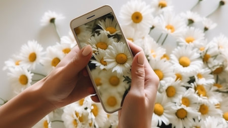 Ai generated. A woman holds a phone against the background of a bouquet of chamomile. Mockup of the phone. flower delivery.の素材