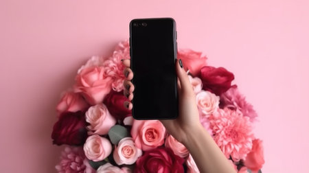 Ai generated. A woman holds a phone against the background of a bouquet of red and pink rose . Mockup of the phone. flower delivery.の素材