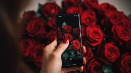 Ai generated. A woman holds a phone against the background of a bouquet of red rose . Mockup of the phone. flower delivery.の素材