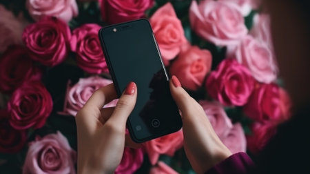 Ai generated. A woman holds a phone against the background of a bouquet of pink rose . Mockup of the phone. flower delivery.の素材