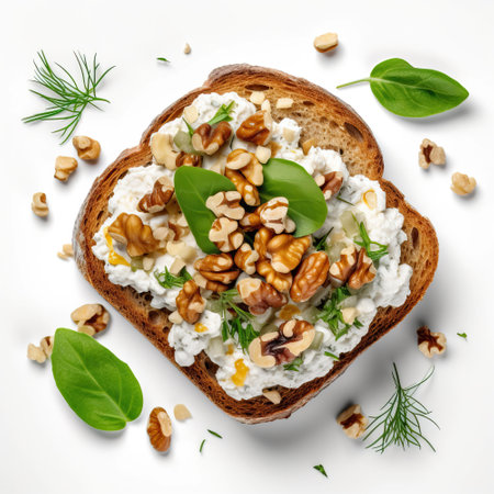 Sandwich with nuts, cream cheese and herbs. Ai generated. Top view . Health nutrition. Dietaryの素材