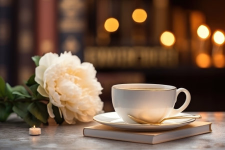 A white coffee cup mock up. Coffee cup against bouquet of peonies. Ai generatedの素材