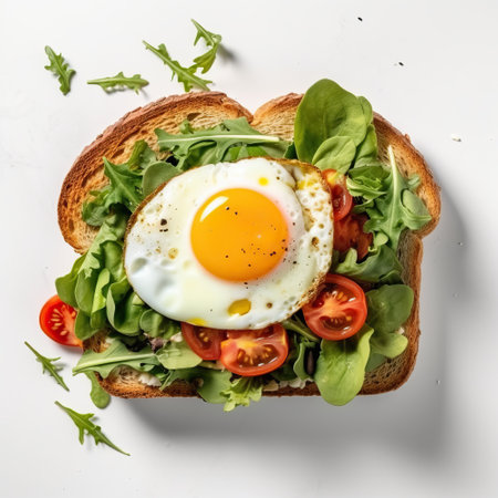 sandwich with fried eggs and salad on a white plate . Top view. Ai generatedの素材