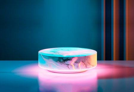 Ai generated.Round marble podium with neon lighting. Podium for product presentationの素材