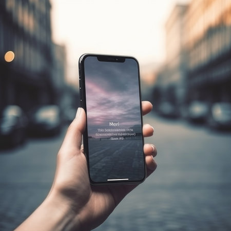 Ai generated. Man holds phone against grey city background.の素材