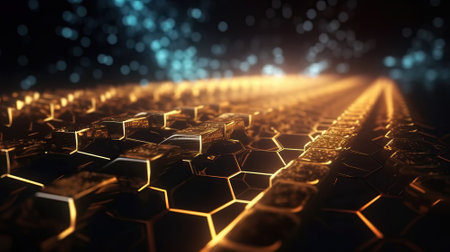Ai generated. Hexagon neon lights background.の素材
