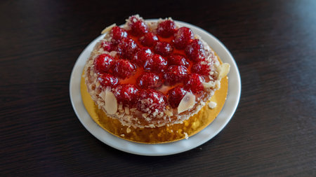 Raspberry tartlet top view. Dessert with fresh berriesの写真素材