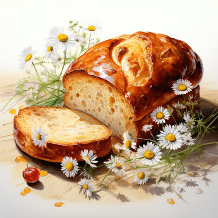 watercolor illustration of a loaf of bread with a bouquet of daisies. spring baking illustrationの素材