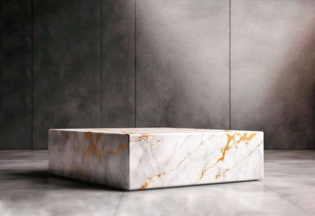 Ai generated.The rectangle podium for the presentation of the product is made of white marble with gold veins .の素材