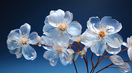 Blue glowing glass flowers intallation on blue background. Interior wallpaper. High quality photoの素材