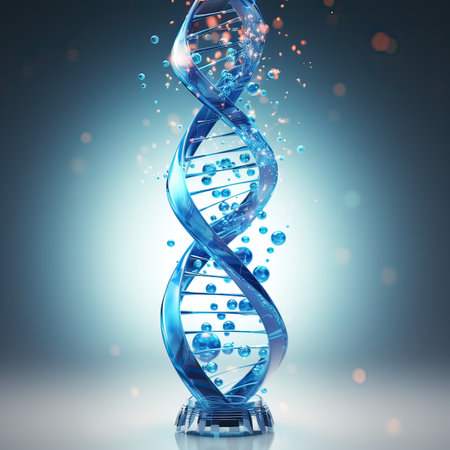 A blue spiral of molecule DNA with floating particles around.closeup of the dna chainの素材