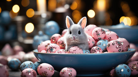 Easter basket with blue and pink eggs. The Easter bunny is sitting in the Easter basketの素材