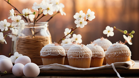 Easter composition with easter cakes with white icingの素材