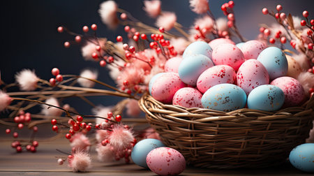 side view to easter composition with a wicker basket filled with pastel colors eggs. Easter bannerの素材