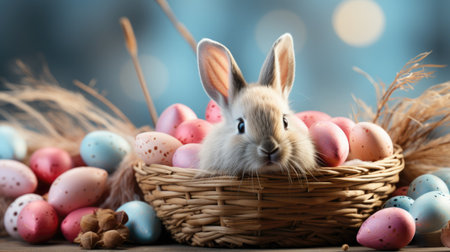 side view to easter composition with a wicker basket filled with red eggs. Easter banner with easter rabbit in easter basketの素材