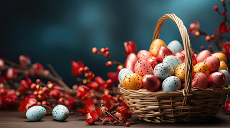 side view to easter composition with a wicker basket filled with multicolored eggs. Easter bannerの素材