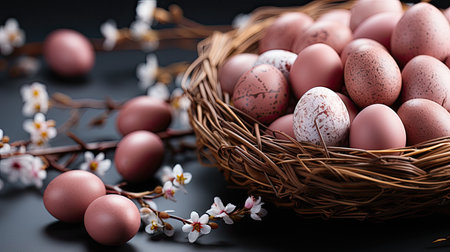side view to easter composition with a wicker basket filled with pink eggs. Easter bannerの素材