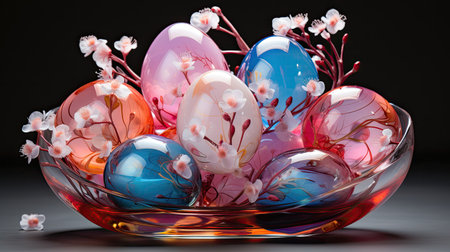 A beautiful composition of glass Easter eggs with pink flowersの素材