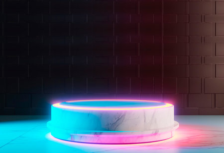 Ai generated.Round marble podium with neon lighting. Podium for product presentationの素材