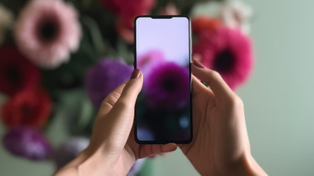 Ai generated. A woman holds a phone against the background of a bouquet of anemones. Mockup of the phone. flower delivery.の素材
