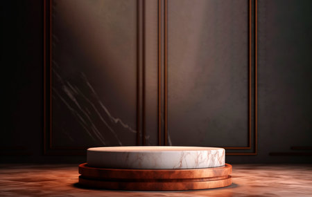 Ai generated.The circle podium for the presentation of the product is made of white marble with gold veins .の素材