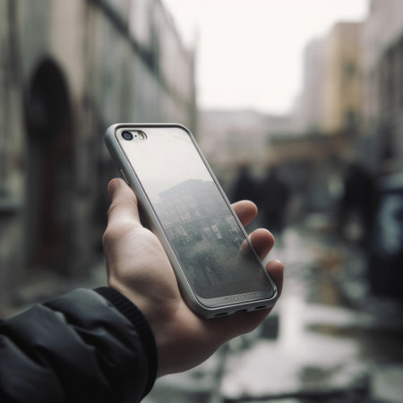 Ai generated. Man holds phone against grey city background.の素材