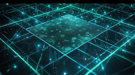 Ai generated. big square data neon lights backgroundの素材