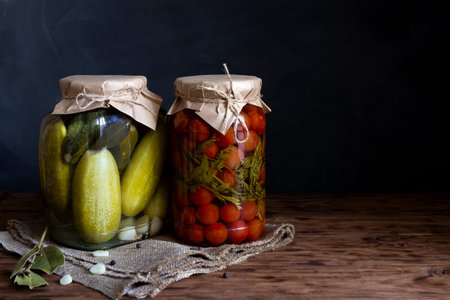Fermented vegetables in jars. Pickled cucumbers and cherry tomatoes on a dark background. Horizontal...