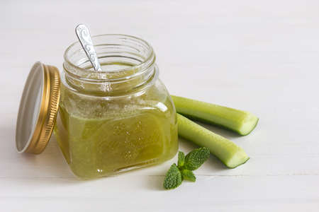 Jar of cucumber jam on a white backgroundの写真素材