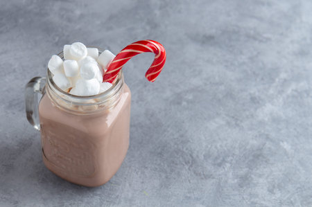 Hot cocoa with milk, marshmallows and a sugar cane in a glass mug on a gray background. New year...