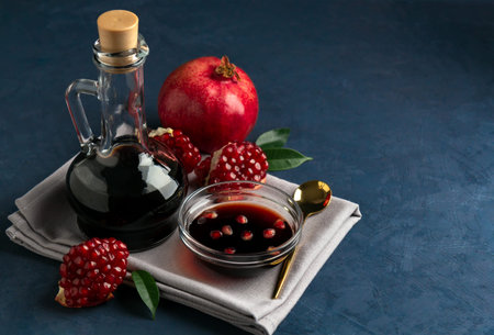 Pomegranate sauce in a bottle and bowl with grains and pieces of pomegranate on a dark blue...