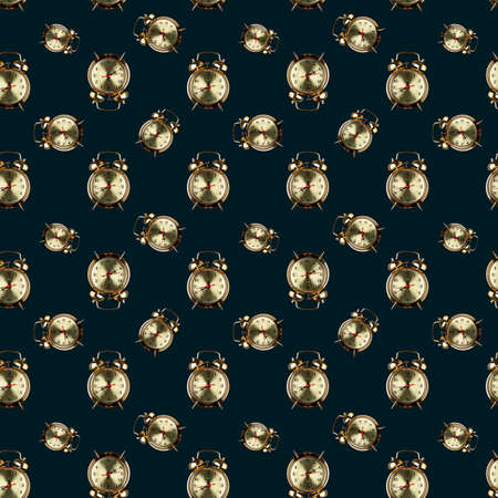 Golden alarm clock on dark blue background, seamless patternの写真素材