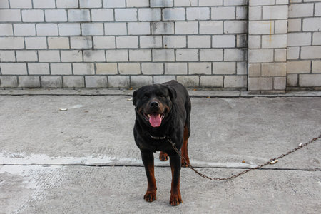 A guard dog tied to a chain stands on concrete. A Rottweiler stands against a white brick wall and...