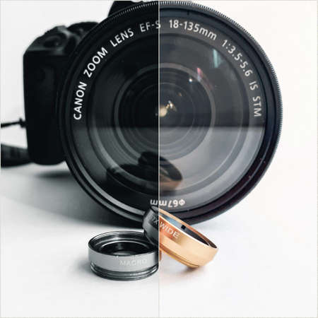 Macro lens and wide-angle lens of golden color for mobile phone, tablet, smartphone against the background of a large lens of a professional SLR camera Canon. Illustrative editorial. Square formatのeditorial素材