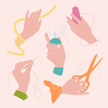 Fashion illustration of sewing process. Set of female hands holding needles, threads, scissors.