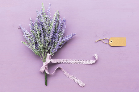Lavender flower on purple wooden background.の写真素材